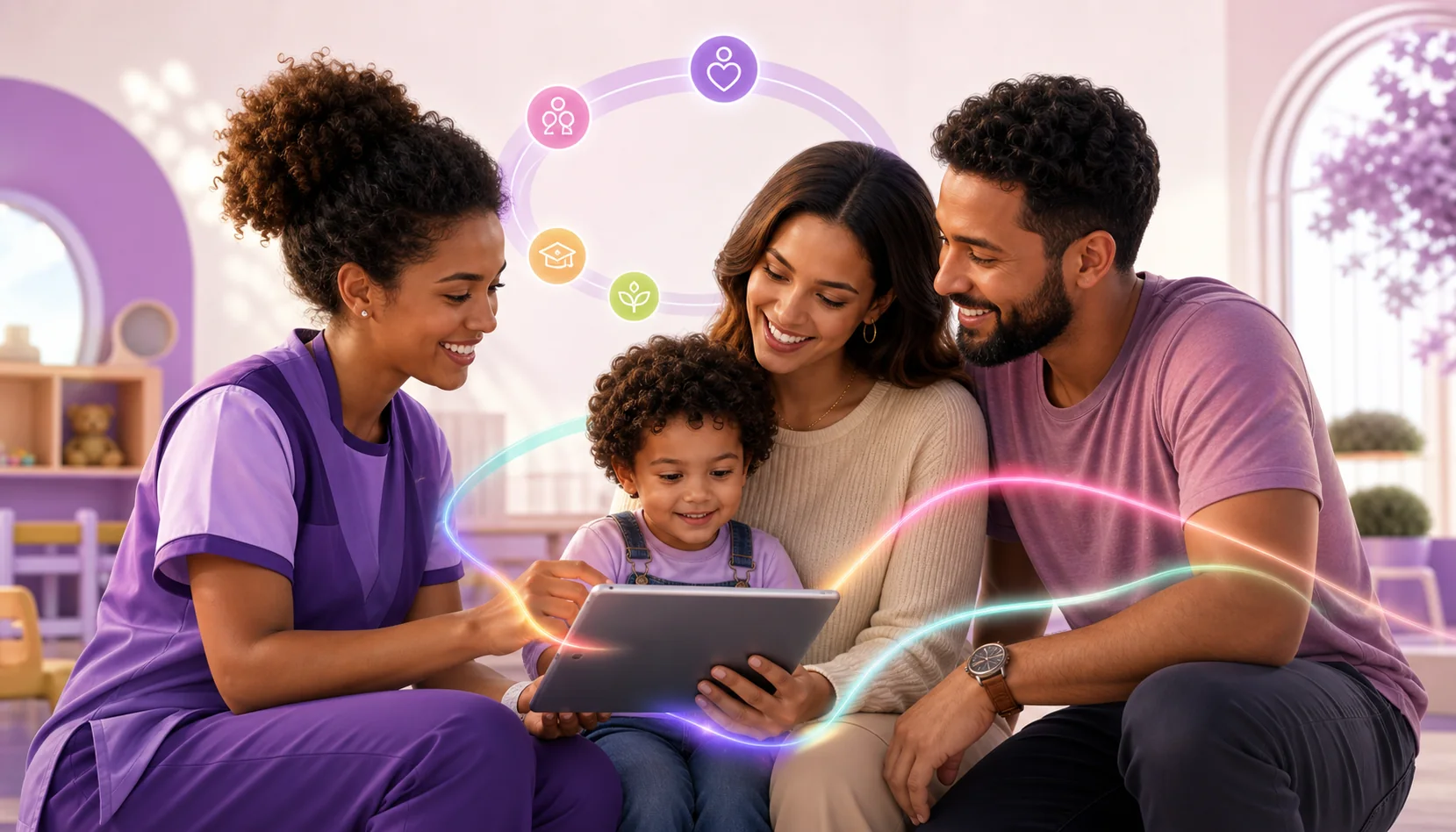 Educadora e família acompanhando juntas o desenvolvimento de uma criança